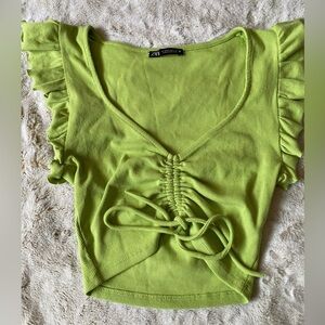 Zara Lime Green Ruched V-Neck Top size M cottton